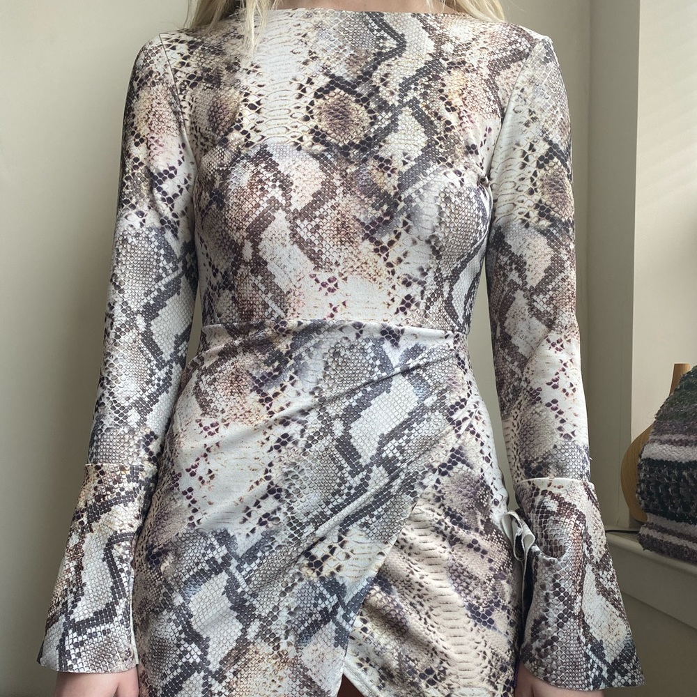 Boohoo snakeskin envelope dress with bell sleeves
